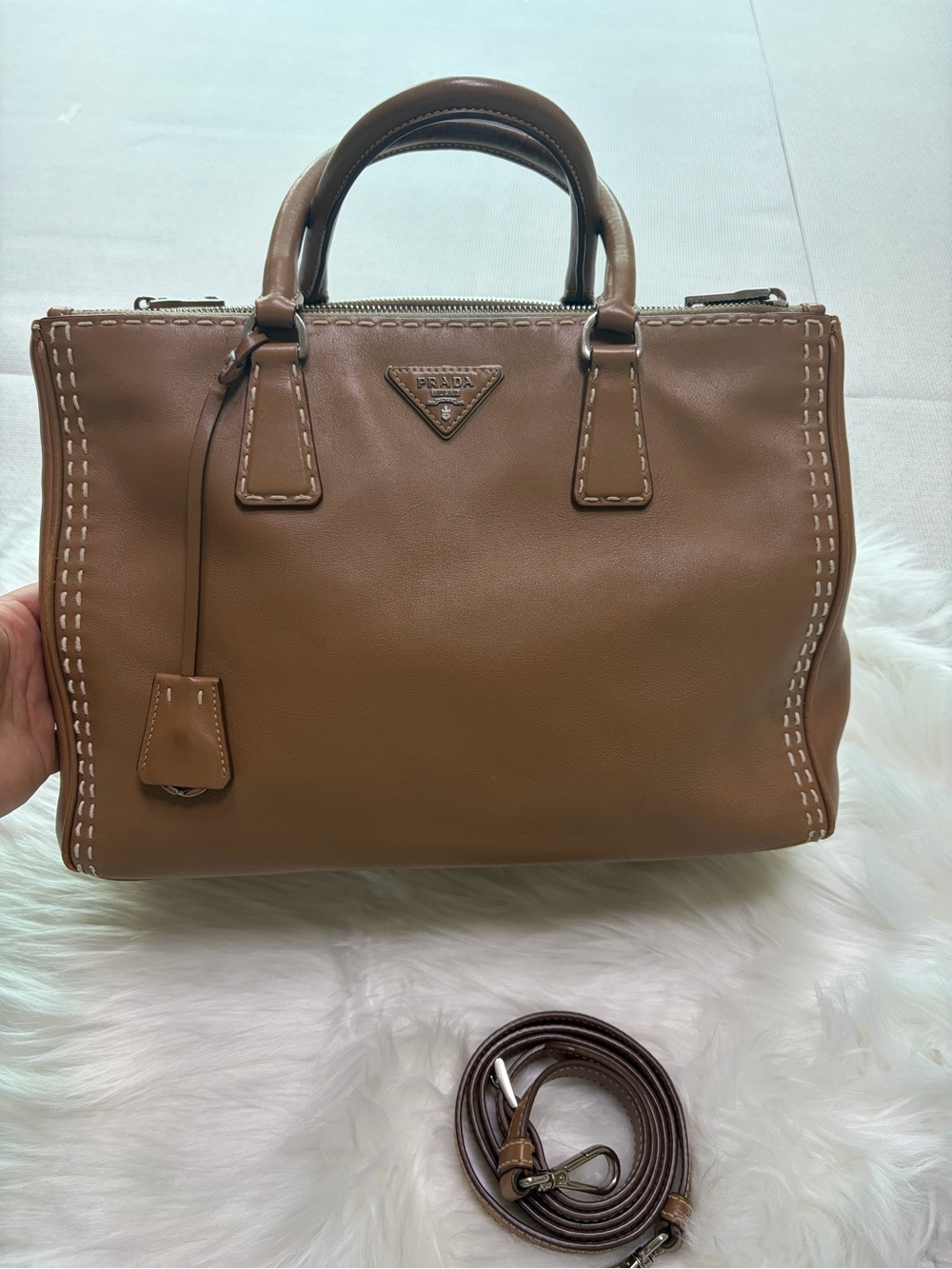 Prada Tan Leather Satchel with Stitch Detailing - Picture 10 of 16